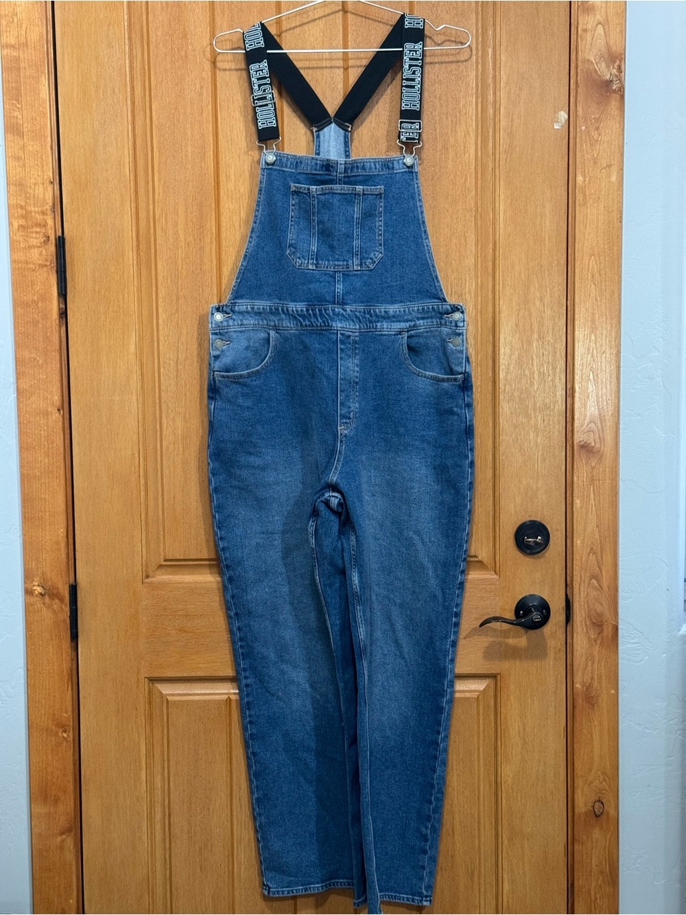 Hollister Blue Denim Overalls with Black Branded Straps Woman’s XL W 20” IS 32”